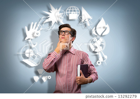 young man scientist with glasses thinking young man scientist with glasses thinking 13292279