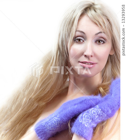 young woman in fluffy mittens.. young woman in fluffy mittens.. 13293958