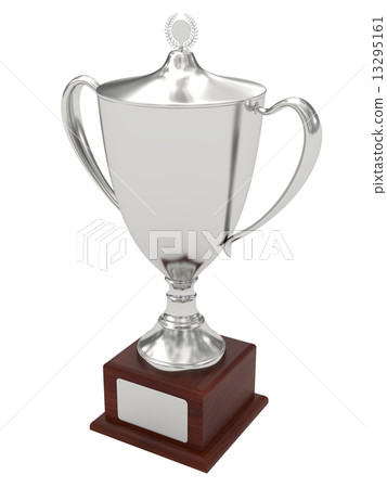 Silver trophy cup on wood pedestal with blank plate 13295161