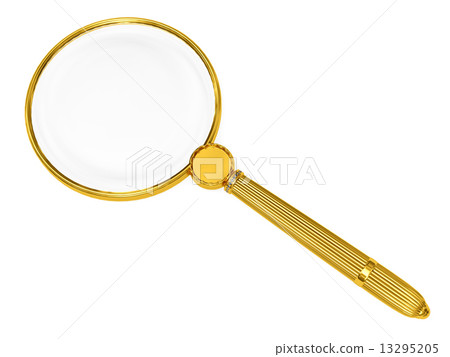 Golden magnifying glass isolated on white 13295205