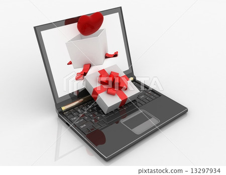 Laptop and open box for gift with a heart Laptop and open box for gift with a heart 13297934