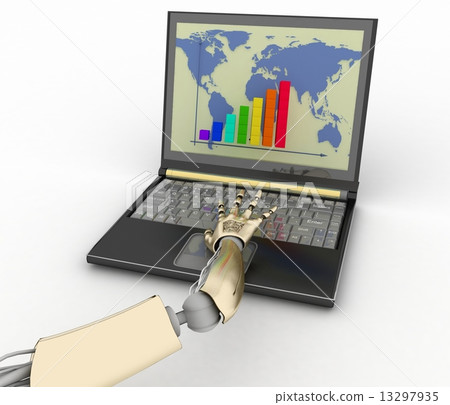 hand of android prints to the keyboard of laptop hand of android prints to the keyboard of laptop 13297935