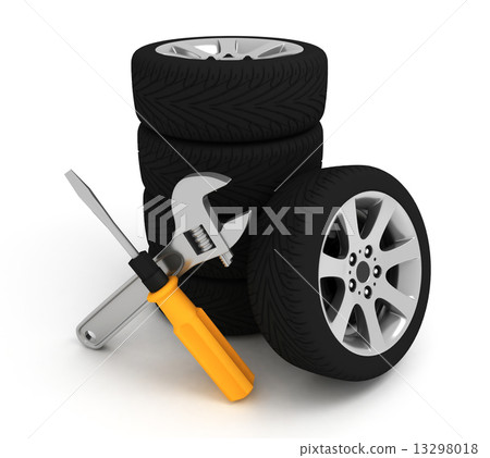 Wheel and Tools. Car service. Isolated 3D image Wheel and Tools. Car service. Isolated 3D image 13298018
