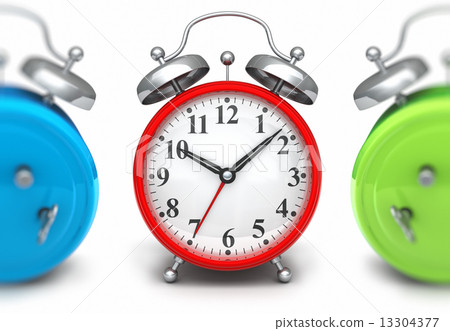 Red alarm clock front green and blue out of focus 13304377