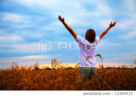 Young man staying with raised hands at sunset time 13304515