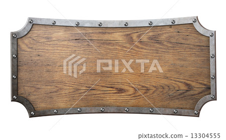 wood sign with metal frame on chain isolated on white 13304555
