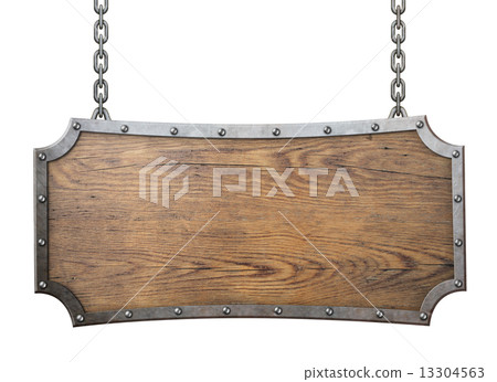 wood sign with metal frame isolated on white 13304563