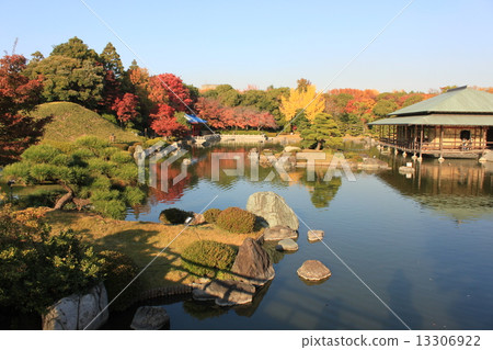 日本庭院的秋天風景在Sakai市Daisen公園 13306922
