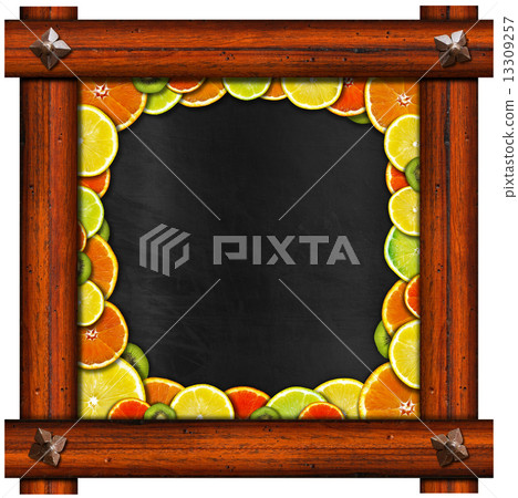 Blackboard with Wooden Frame and Fruit Blackboard with Wooden Frame and Fruit 13309257