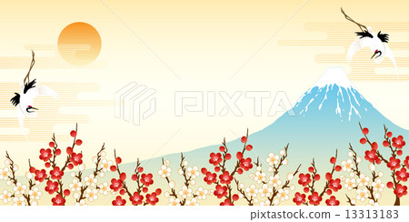 Fuji and red and white plum and crane 13313183