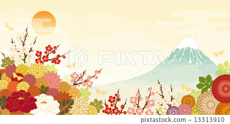 Fuji and sunrise and blooming flowers 13313910