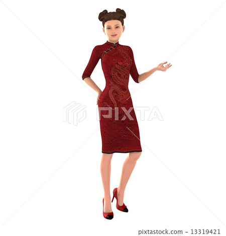 穿紅色瓷禮服3DCG例證材料春季圖像的女性 13319421