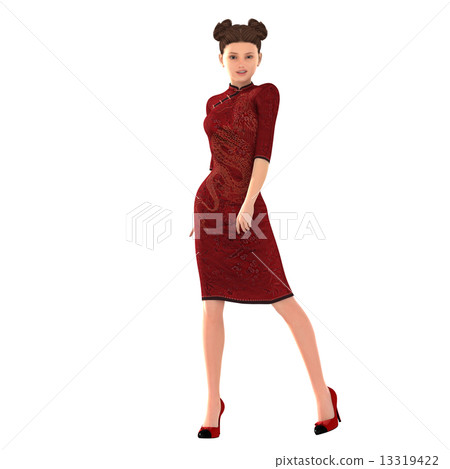 Female wearing a red china dress 3DCG illustration material Spring season image 13319422