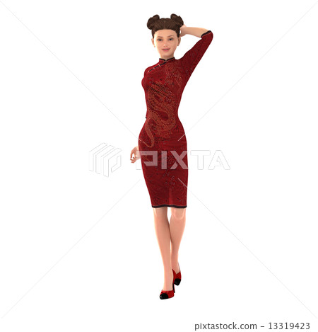 穿紅色瓷禮服3DCG例證材料春季圖像的女性 13319423
