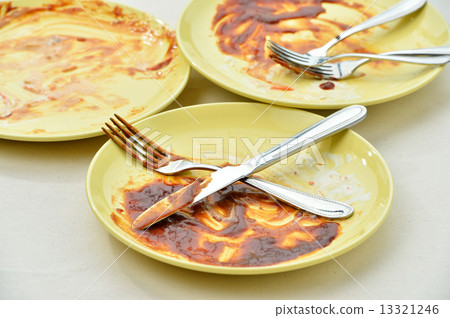 Image of dishes that are dirty with sauce. 13321246