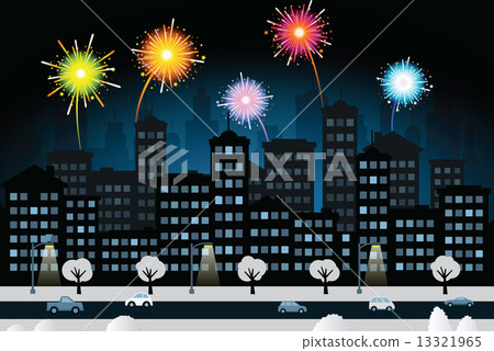 Night city and fireworks (New Year celebration) 13321965