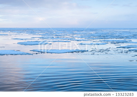 Winter coastal landscape with big floating ice fragments 13323283