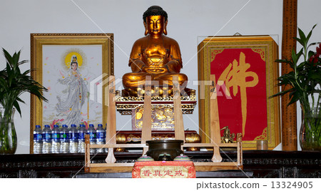 Buddhist Temple. Golden statue of Buddha-- southern Xian (Sian, Xi'an), Shaanxi province, China 13324905