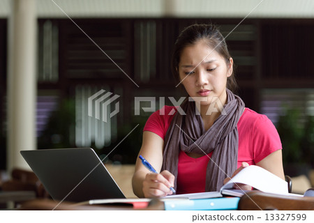 One young pan asian female student studying hard for examination in campus cafe 13327599
