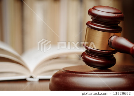 Wooden gavel in front of an open law book 13329692