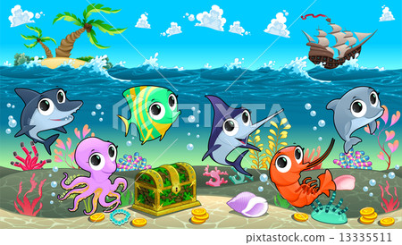 Funny marine animals in the sea with galleon 13335511