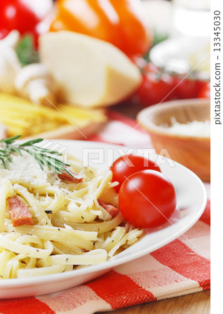 Pasta carbonara on the wooden table Pasta carbonara on the wooden table 13345030