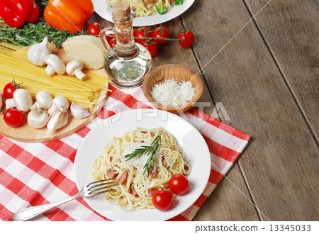 Pasta carbonara on the wooden table Pasta carbonara on the wooden table 13345033