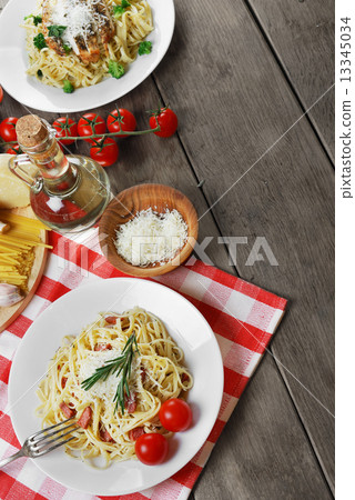 Pasta carbonara on the wooden table Pasta carbonara on the wooden table 13345034