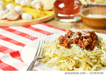 Pasta bolognese on the wooden table Pasta bolognese on the wooden table 13345036