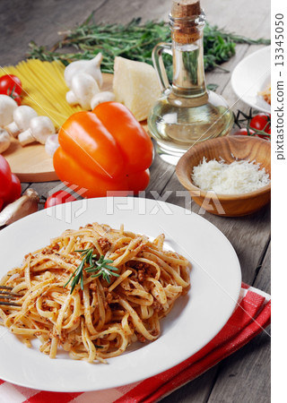 Pasta bolognese on the wooden table Pasta bolognese on the wooden table 13345050