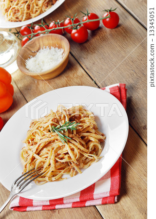 Pasta bolognese on the wooden table Pasta bolognese on the wooden table 13345051