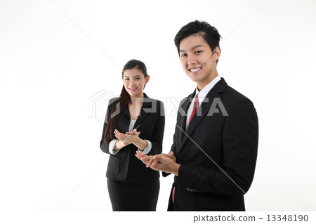 Man frong woman behind clapping cheering side  13348190