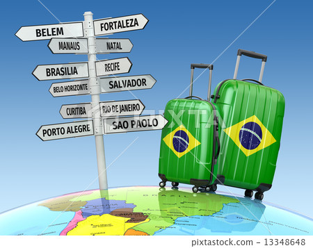 Travel concept. Suitcases and signpost what to visit in Brazil. 13348648