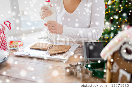 close up of woman making gingerbread houses 13371980