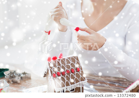 close up of woman making gingerbread houses 13372480