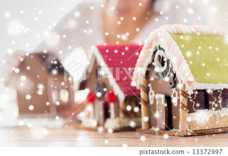 close up of woman making gingerbread houses 13372997
