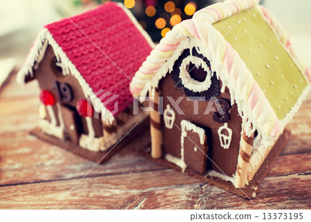 closeup of beautiful gingerbread houses at home 13373195