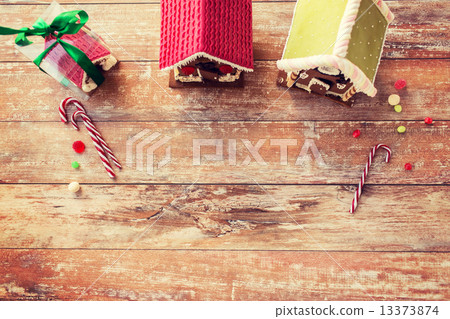 closeup of beautiful gingerbread houses at home 13373874