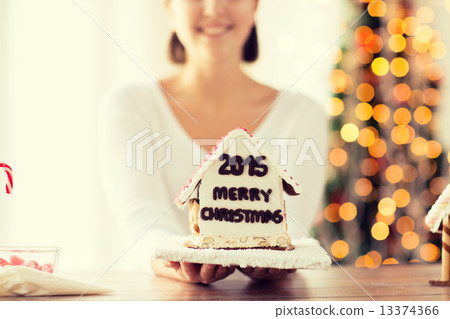 close up of woman showing gingerbread house 13374366