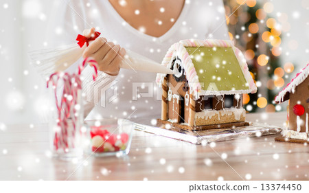 close up of woman making gingerbread houses 13374450
