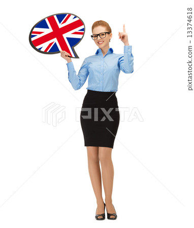 smiling woman with text bubble of british flag smiling woman with text bubble of british flag 13374618