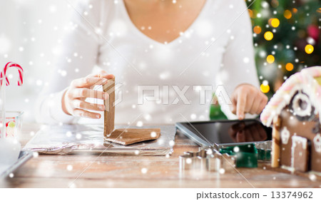 close up of woman making gingerbread houses 13374962
