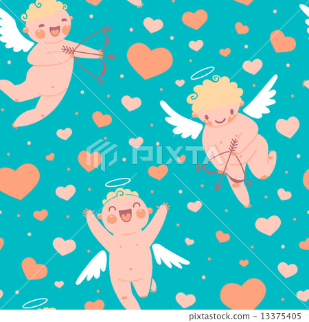 Valentines Day romantic seamless pattern with cute cupid and hearts. Valentines Day romantic seamless pattern with cute cupid and hearts. 13375405