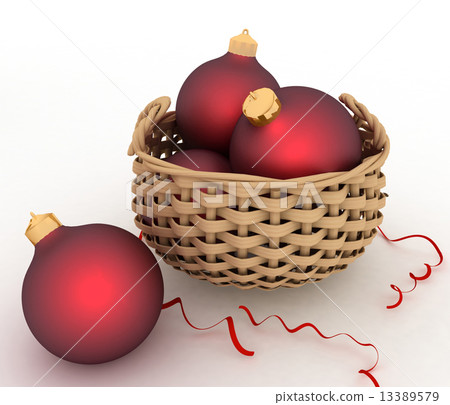 glass Christmas balls in a wicker basket on a white background 13389579