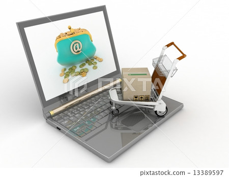 Shopping cart and laptop. The concept of buying commodities on the Internet 13389597