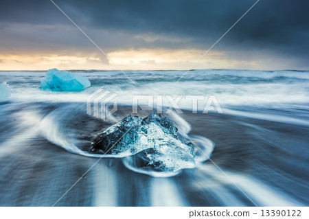sunrise at Ice beach,  jokulsarlon, Iceland. 13390122