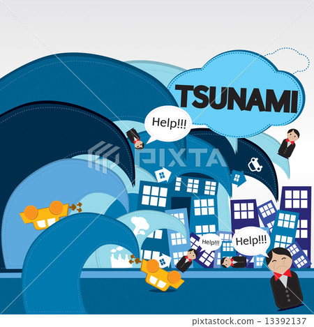 Giant wave attacks the town illustration vector. 13392137