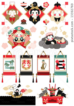 Illustration cut design material collection for New Year's cards for 2016 (Sansei, fan, rock bath, hanging scroll, fishing, celebration) Red color scheme 6 points 13392769