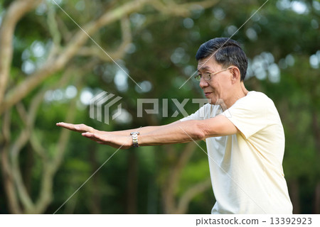 One male chinese elderly doing morning exercise in a park 13392923