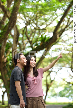 Chinese couple walking in a park 13437360